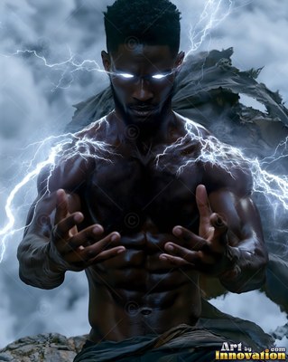 Facing forward in the stormy sky, a muscular man channels white lightning into his hands