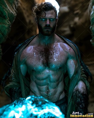 In a rocky cave, a shirtless bearded man glares forward over bright blue light