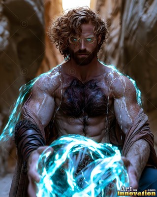 Holding bright blue lightning, a muscular bearded man kneels in a rocky canyon