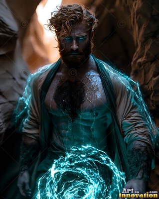 Bearded man in an open robe holds bright blue water magic in a cave