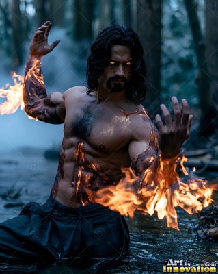Flames cover the arms of a bare-chested man kneeling in shallow water in a dark forest