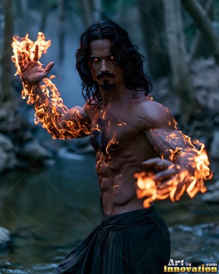 A man without a shirt raises his fire-wrapped arms, casting bright orange light in a dim forest