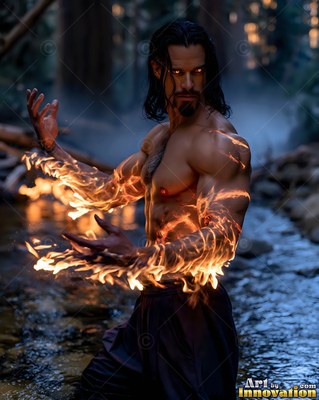 Turned sideways in a dark forest, a shirtless man holds out arms covered in fire