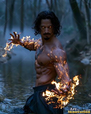 A shirtless man stands in a dark river with fire on his hands