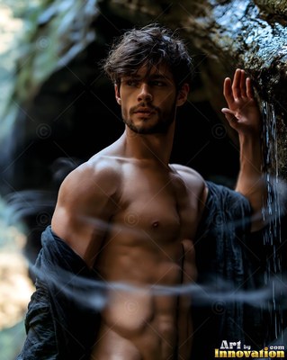 In a dark rocky cave, a shirtless man touches wet stone under falling water