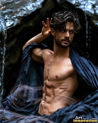 Standing before falling water, a shirtless man pulls dark fabric over his shoulder