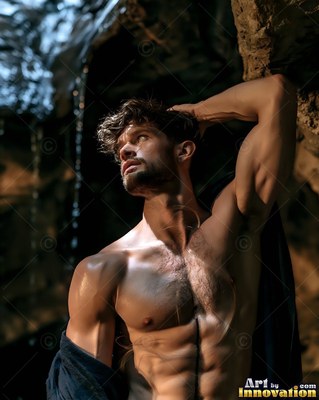 A bare-chested man with brown hair leaning against a rocky wall