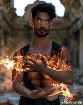 A shirtless man summons bright yellow flames across his chest and hands