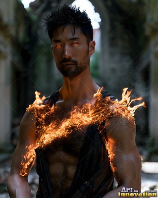 Facing forward in stone ruins, a man has bright flames burning across his chest