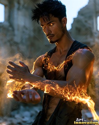 A muscular man in ruins controls yellow fire wrapping around his arms and chest