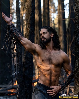 In a burnt forest, a shirtless man raises an arm covered in charred bark