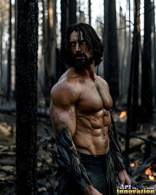 Standing in a burned forest, a muscular shirtless man turns with a dark gaze