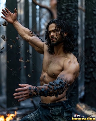 Bare-chested man with rocks on his arm in a burned forest