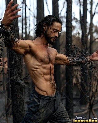 Charred bark peels from the arms of a man without a shirt in a burned forest