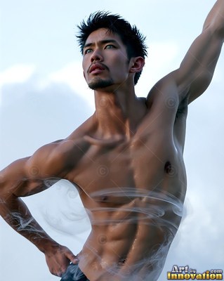 A man without a shirt raises one arm high with wisps of white vapor circling his torso in soft daylight