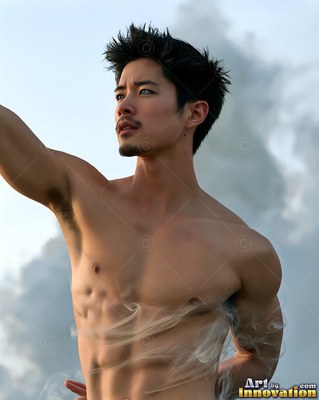 A shirtless man looks away with one arm raised against a pale cloudy sky