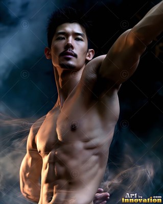 In dark smoky air, a shirtless muscular man raises his arm in warm light