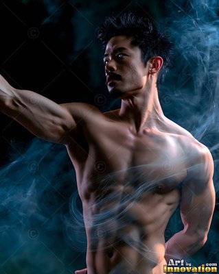 Reaching out his arm, a muscular shirtless standing man in swirls of blue smoke