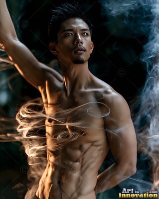 Shirtless Asian man surrounded by swirling white smoke in dim light