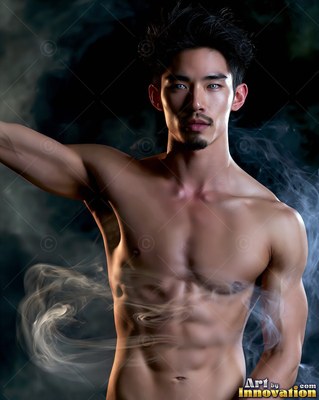 Pale blue eyes look forward on a shirtless man standing in light gray smoke against a dark background