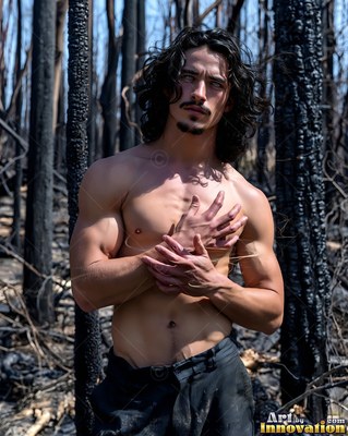 A bare-chested man clasps his chest in a burned black forest under bright daylight