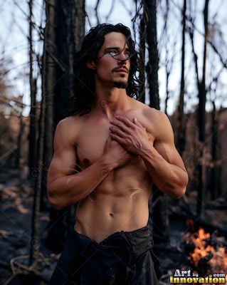 Standing bare-chested in a burned forest, a man holds his hands to his chest
