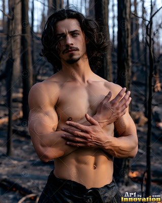 A man without a shirt with long dark hair crosses his arms in a burnt forest