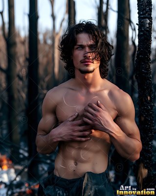 In a burnt forest, a shirtless young man holds his hands over his chest
