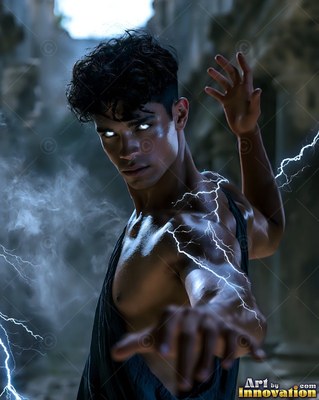 Casting lightning from his arm, a bare-chested man with white eyes stands in stone ruins