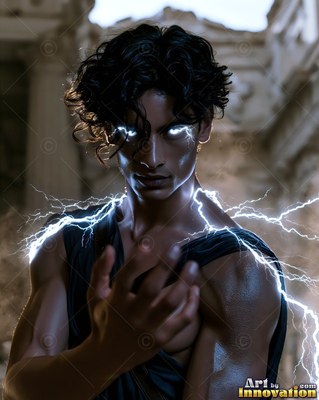 A dark-haired man with lightning on his shoulders and eyes