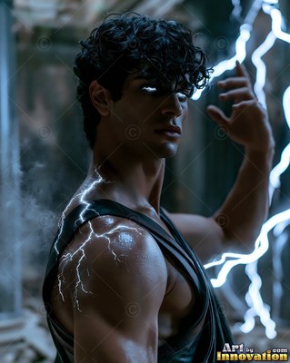 A dark-haired man summons lightning across his shoulder, lit by pale blue flashes