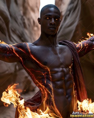 Arms spread wide in a canyon, a shirtless man channels bright orange fire