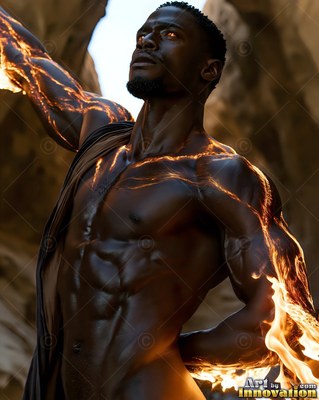 In a rocky canyon, a muscular man poses with bright fire trails across his arms