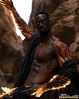 Raising fiery arms, a shirtless Black man stands inside a rocky canyon