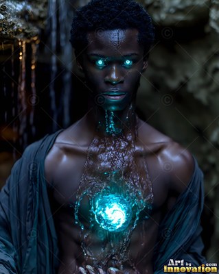 A man with bright blue eyes has water and blue light on his chest