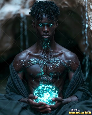Bright blue eyes shine on a seated man holding a ball of teal water in a cave