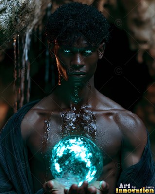 A dark-skinned man holds a bright turquoise orb that shines onto his chest