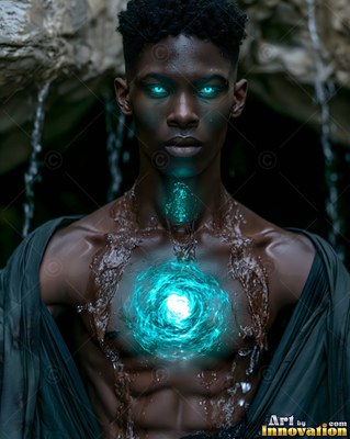 Facing forward in a dark cave, a man has bright blue light shining in his chest