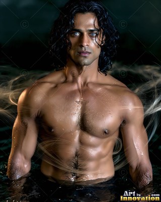 A shirtless man with bright blue eyes stands in dark water with faint mist