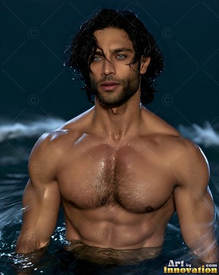 In dark rippling water, a shirtless muscular man stands with wet hair and blue eyes