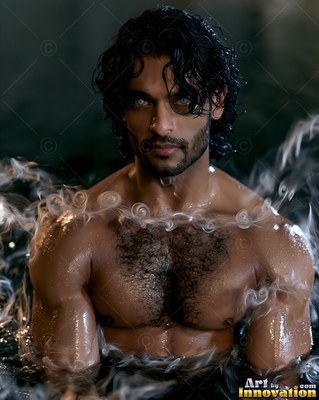 Wading in dark water, a shirtless man with pale blue eyes stirs up white mist