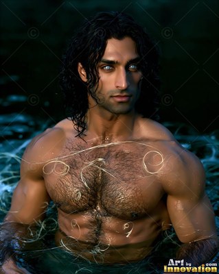 Muscular man with pale blue eyes standing in dark water