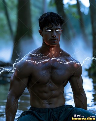 White lightning bolts across the chest of a shirtless man kneeling in a foggy swamp
