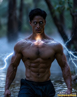 A bare-chested man is standing in shallow water as bright white lightning crackles across his chest