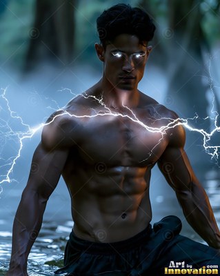 Crouching in dark water, a shirtless man summons white lightning around his chest