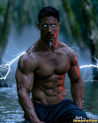 A shirtless muscular man wades in dark water with bright lightning sparking around him