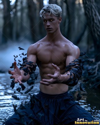 In a dark swamp, a shirtless man kneels in water while black rocks float around his arms
