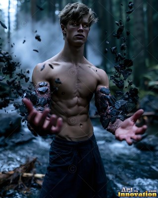 Lifting his open hands, a man without a shirt summons dark rocks in a dim forest