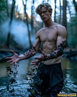 A shirtless man stands in a forest pool with rocks on his arms