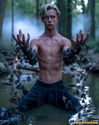 A bare-chested man with floating rock shards kneeling in dark water within a misty forest